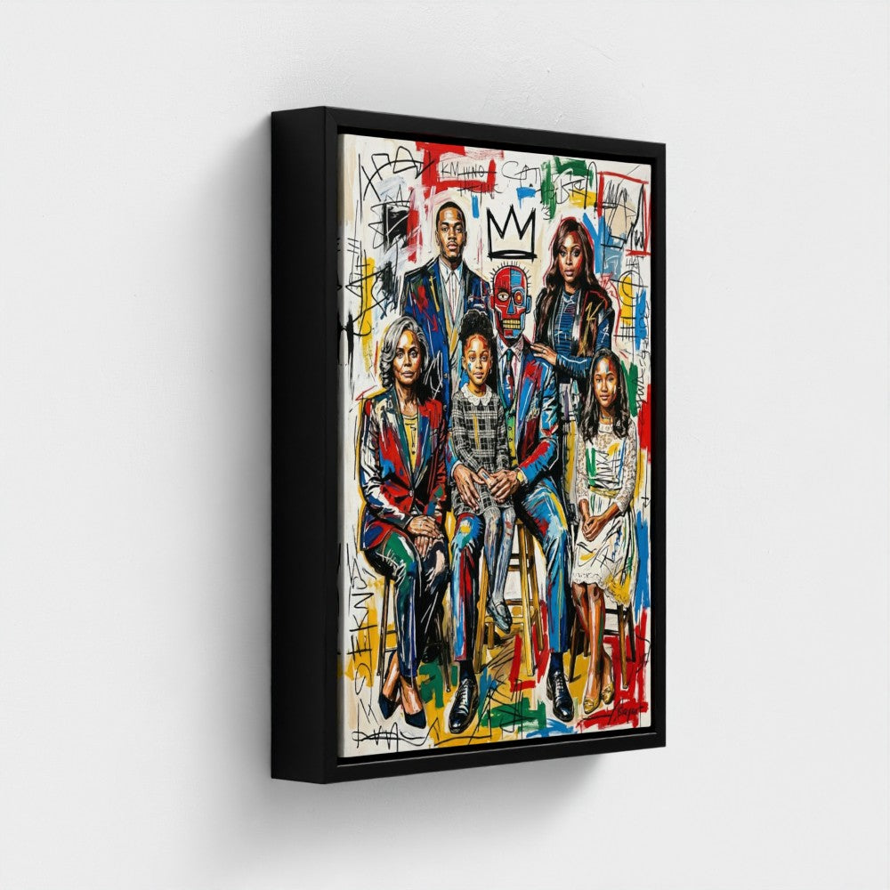 Family ties vibrant graffiti styled family portrait on a sleek black framed canvas print perfect for wall decor