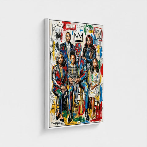 Vibrant family ties framed canvas with bold graffiti colors and abstract markings perfect for home decor