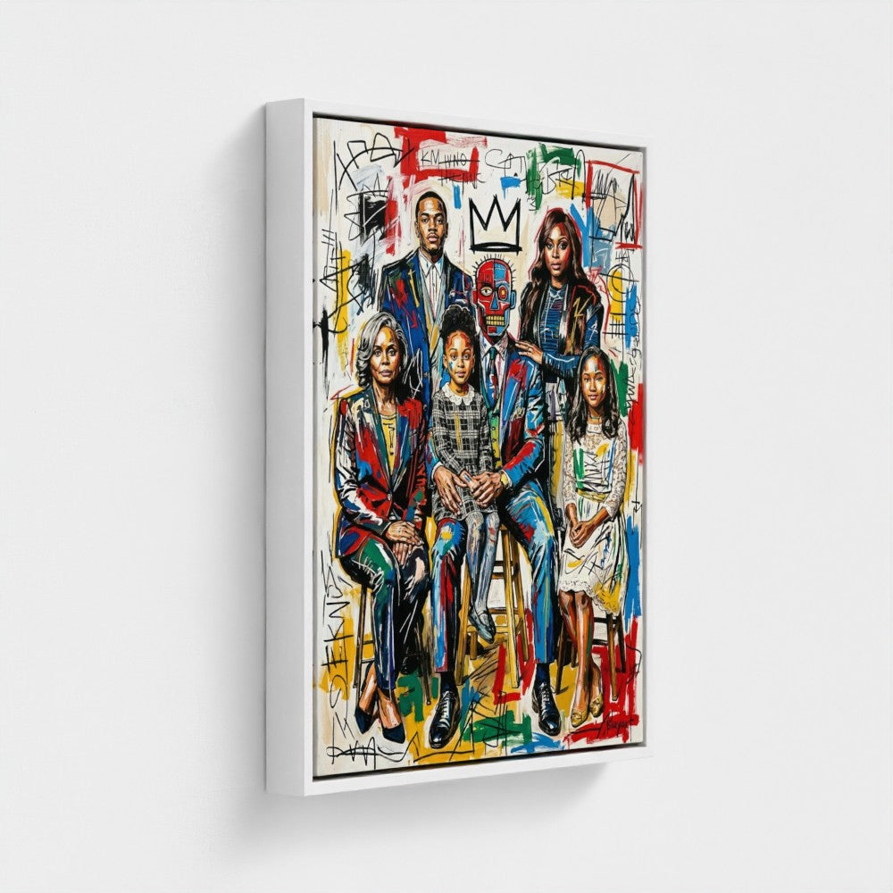 Family ties vibrant graffiti-styled framed canvas with bold red blue yellow accents in a sleek white frame