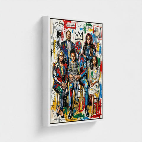 Family ties vibrant graffiti-styled framed canvas with bold red blue yellow accents in a sleek white frame