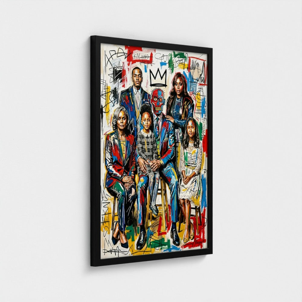 Vibrant graffiti-styled family ties framed print in sleek black frame perfect for colorful wall art display