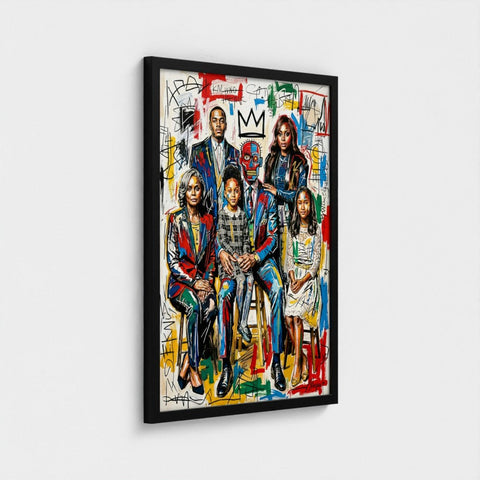Vibrant graffiti-styled family ties framed print in sleek black frame perfect for colorful wall art display