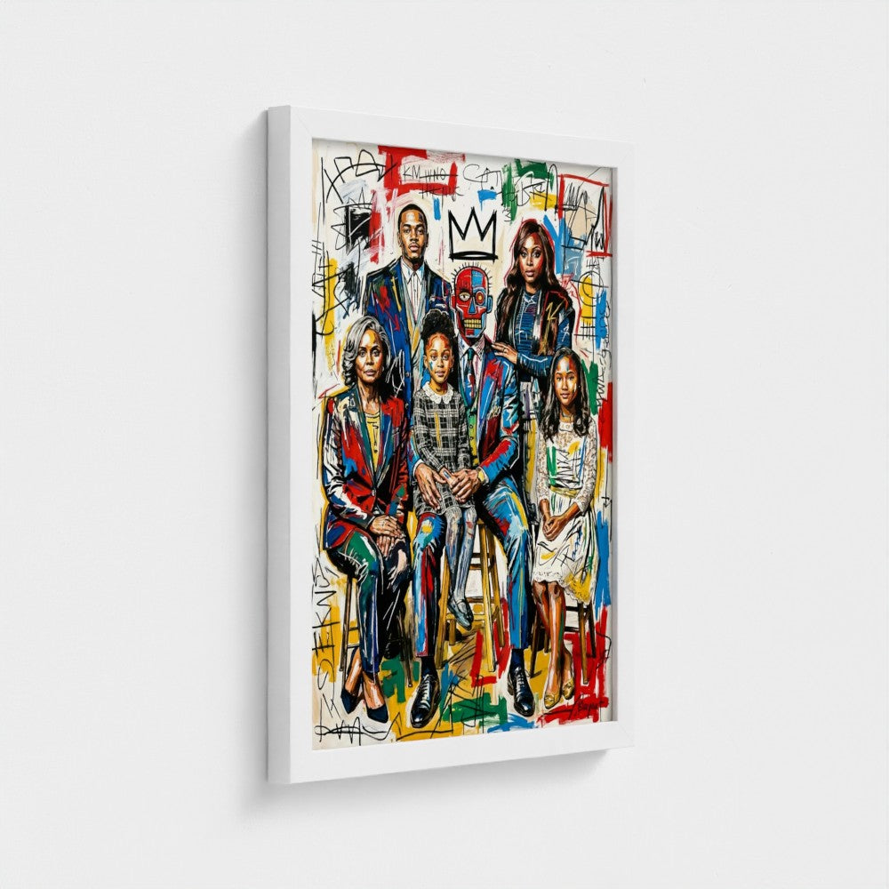 A vibrant graffiti-styled family portrait in a sleek white framed print perfect for modern home decor