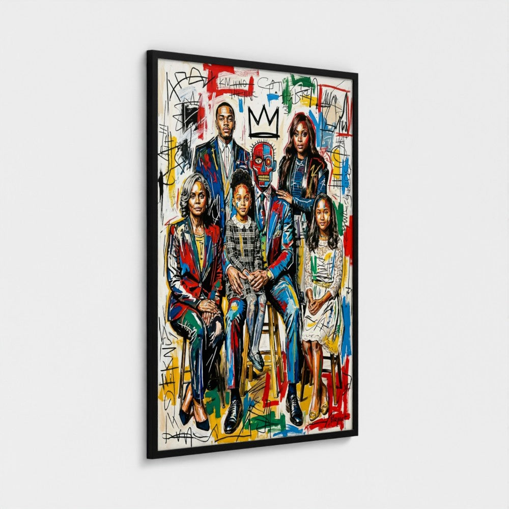Vibrant graffiti-styled family ties framed print in sleek black frame perfect for modern home decor