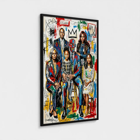 Vibrant graffiti-styled family ties framed print in sleek black frame perfect for modern home decor