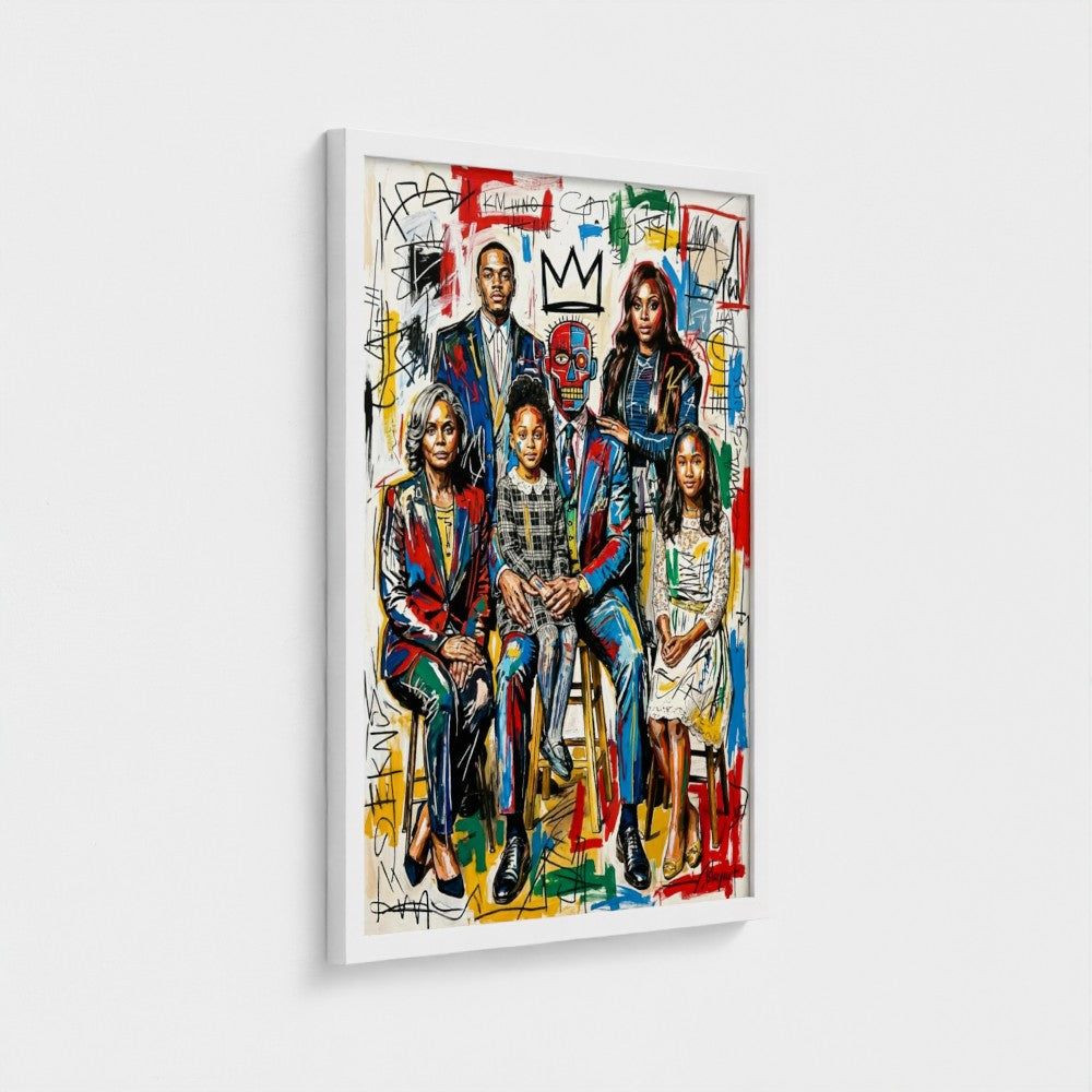 A vibrant graffiti-styled family portrait in a sleek white frame perfect as a framed print or framed canvas