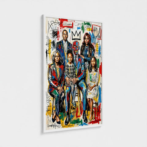 A vibrant graffiti-styled family portrait in a white framed print perfect as a unique family ties framed canvas wall art