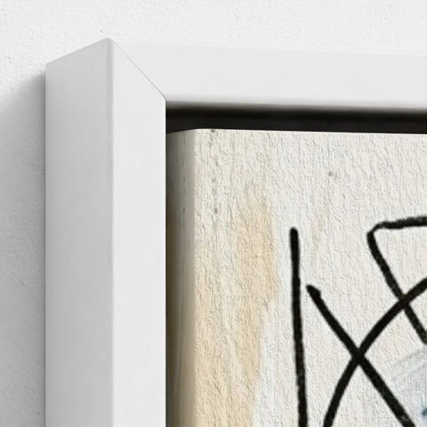 Family ties framed canvas with abstract black graffiti on off-white textured background in a white frame