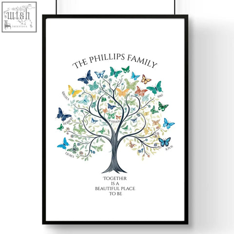 A framed family tree art poster with a dark trunk and colorful butterfly branches labeled the phillips family