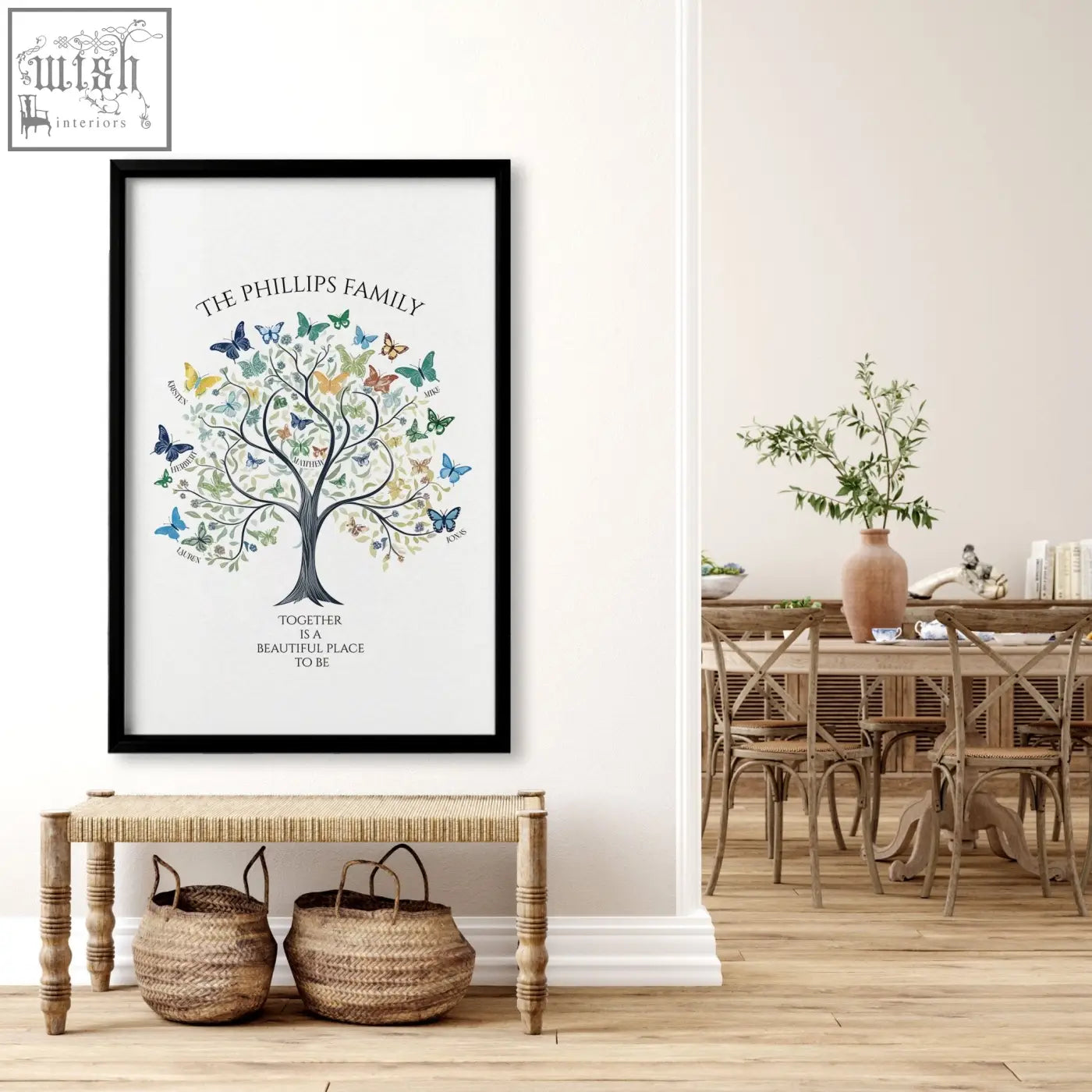 Black-framed family tree art poster with colorful butterflies and names on a white background for wall decor