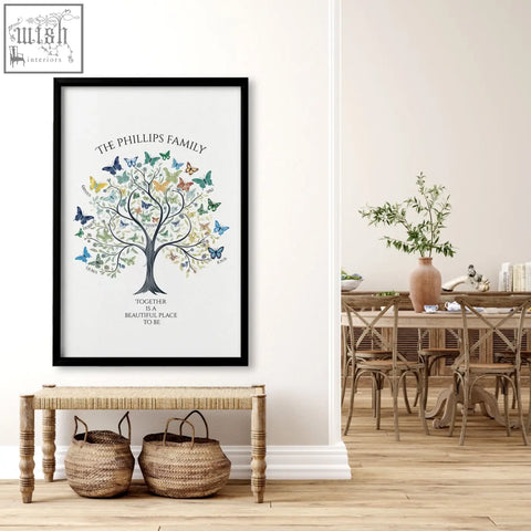 Black-framed family tree art poster with colorful butterflies and names on a white background for wall decor