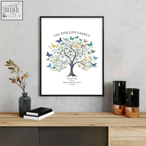 Black-framed family tree art poster with a dark trunk and colorful blue green yellow orange butterflies on branches