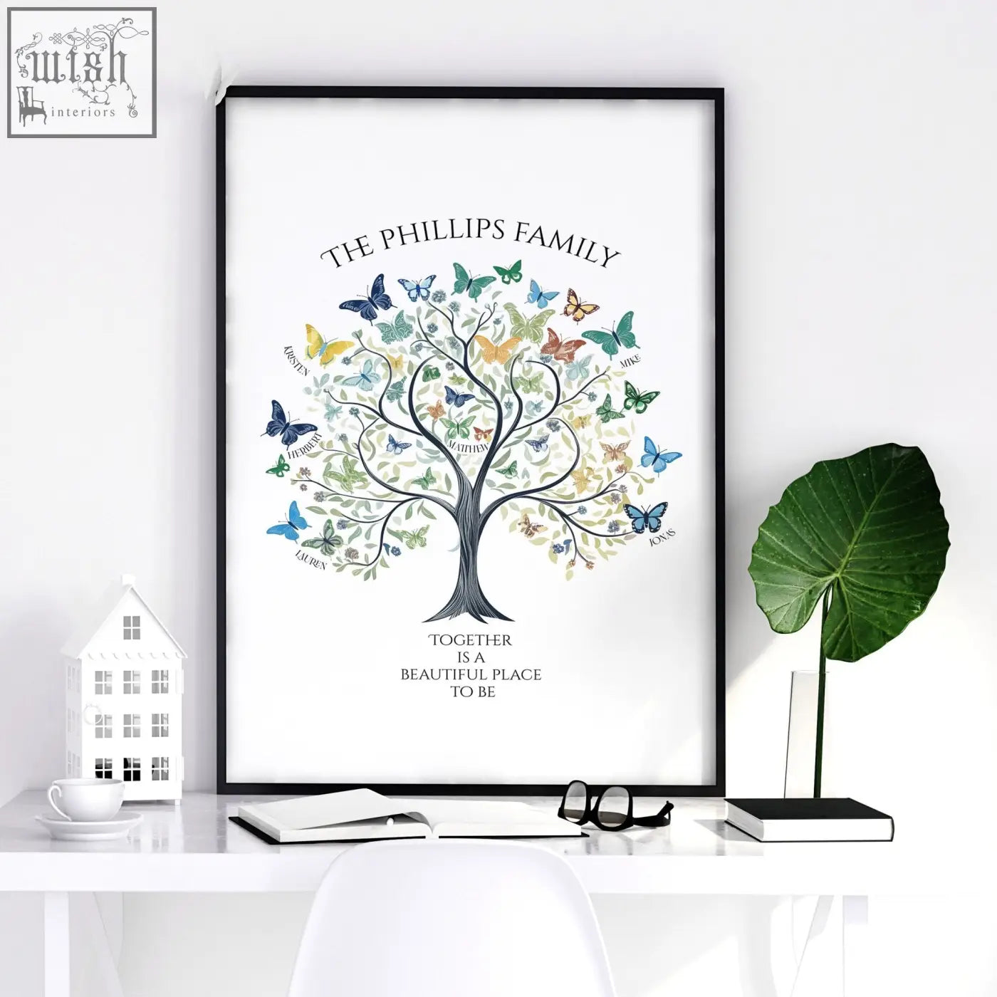 Black-framed family tree art print with colorful butterflies and phillips family name on white background for wall decor