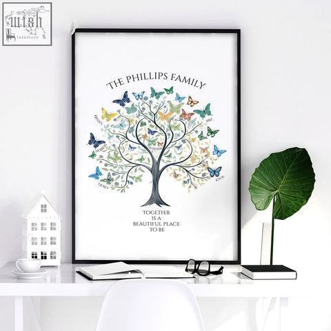Black-framed family tree art print with colorful butterflies and phillips family name on white background for wall decor