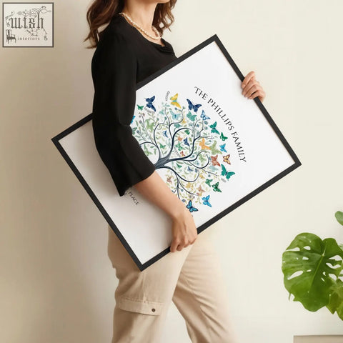 Black framed family tree art print with colorful butterflies and the phillips family text on white background