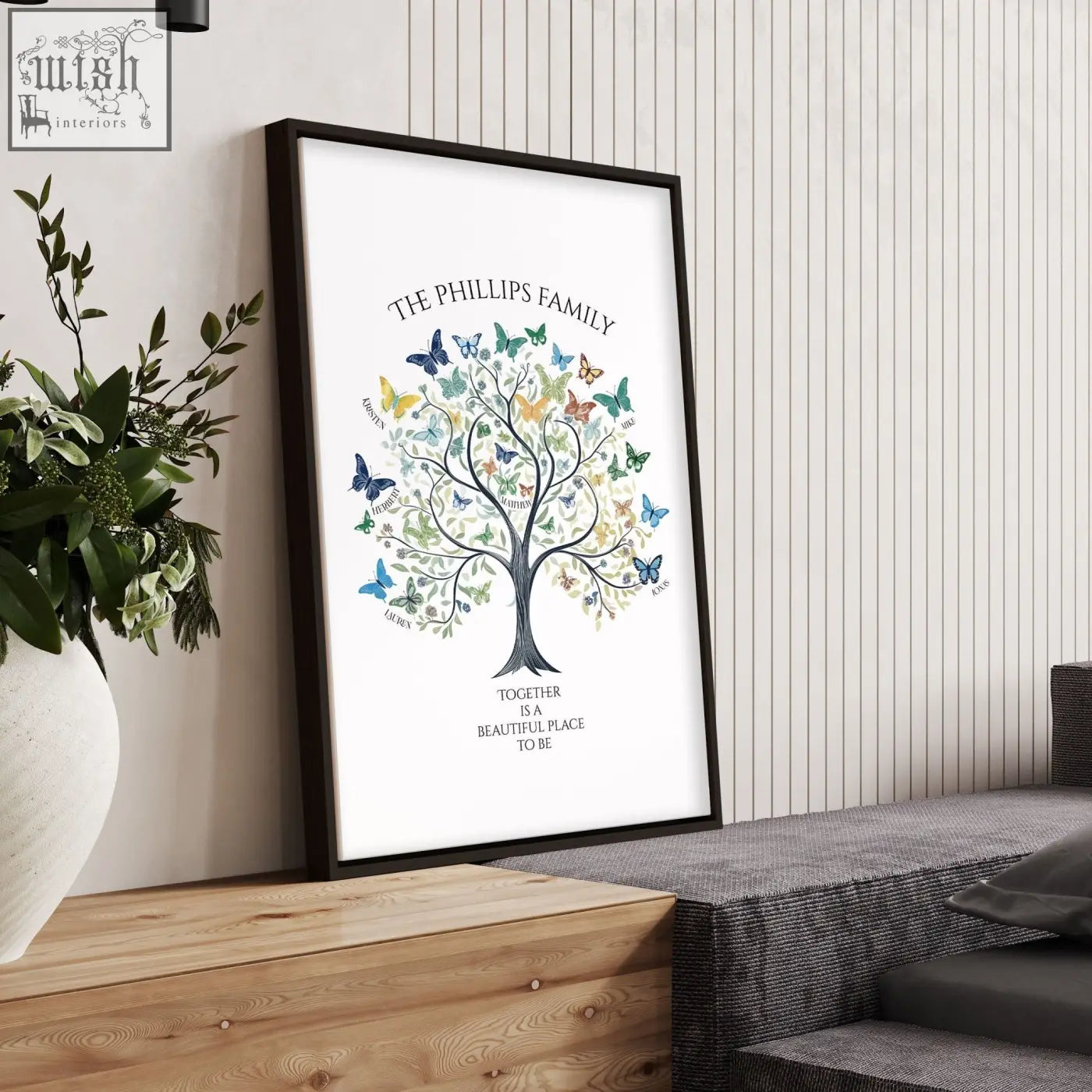 Black-framed family tree art print with colorful butterflies and names on white background for botanical wall decor