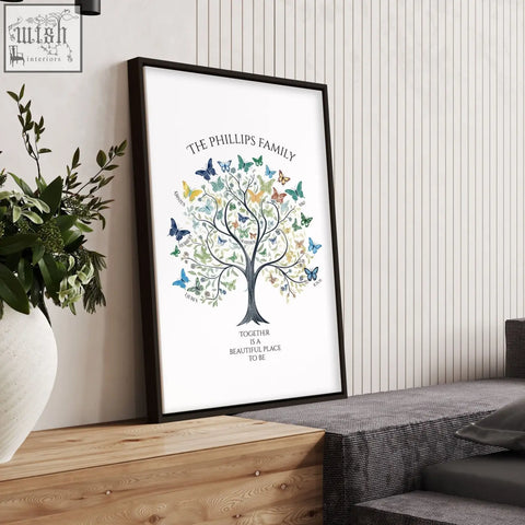 Black-framed family tree art print with colorful butterflies and names on white background for botanical wall decor