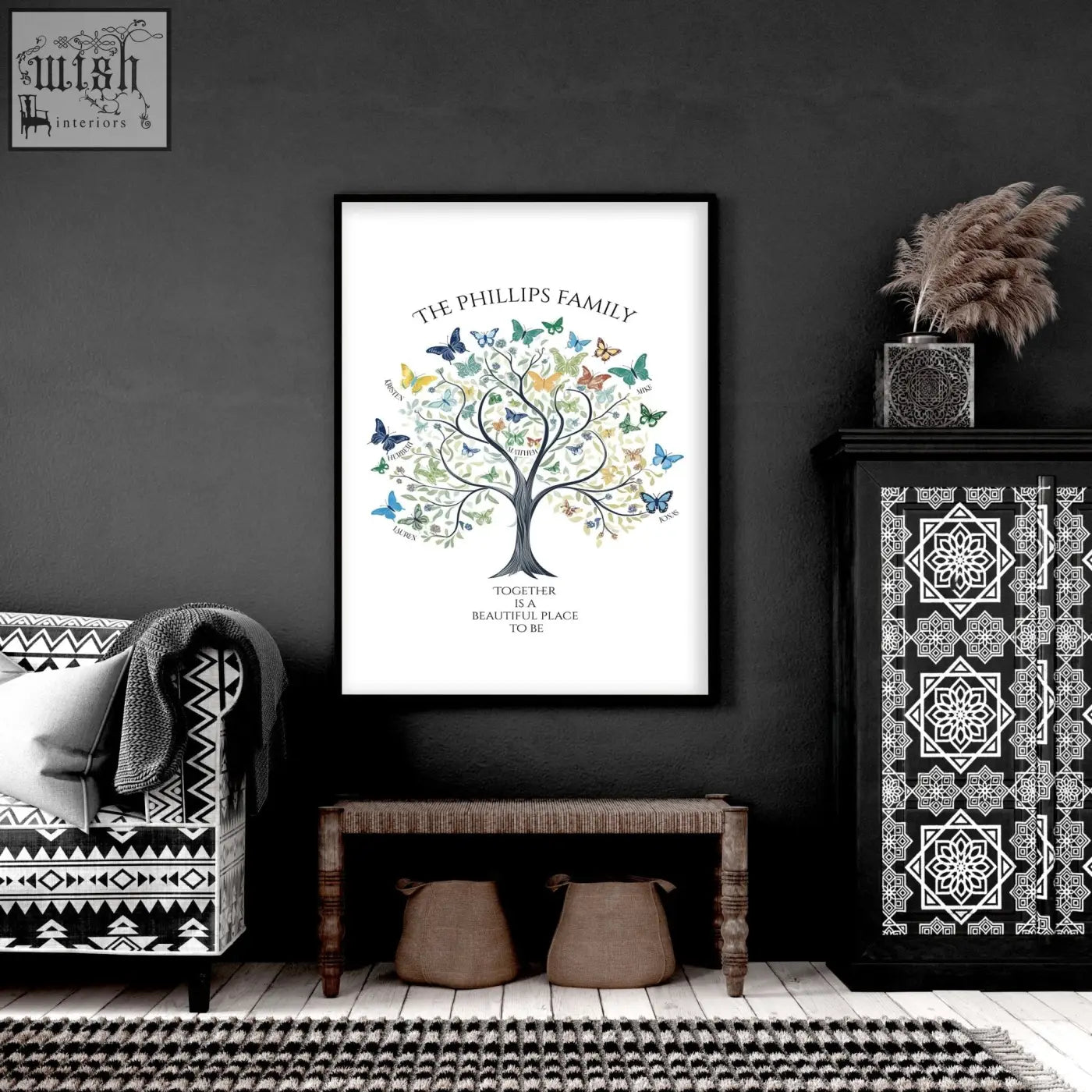 Black-framed family tree art print with colorful butterflies and the phillips family text perfect for wall decor