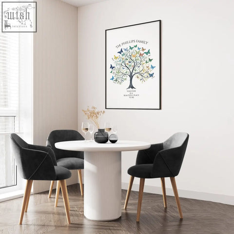 Black velvet dining chairs with light wood legs around white cylindrical table in family tree art botanical wall print setup