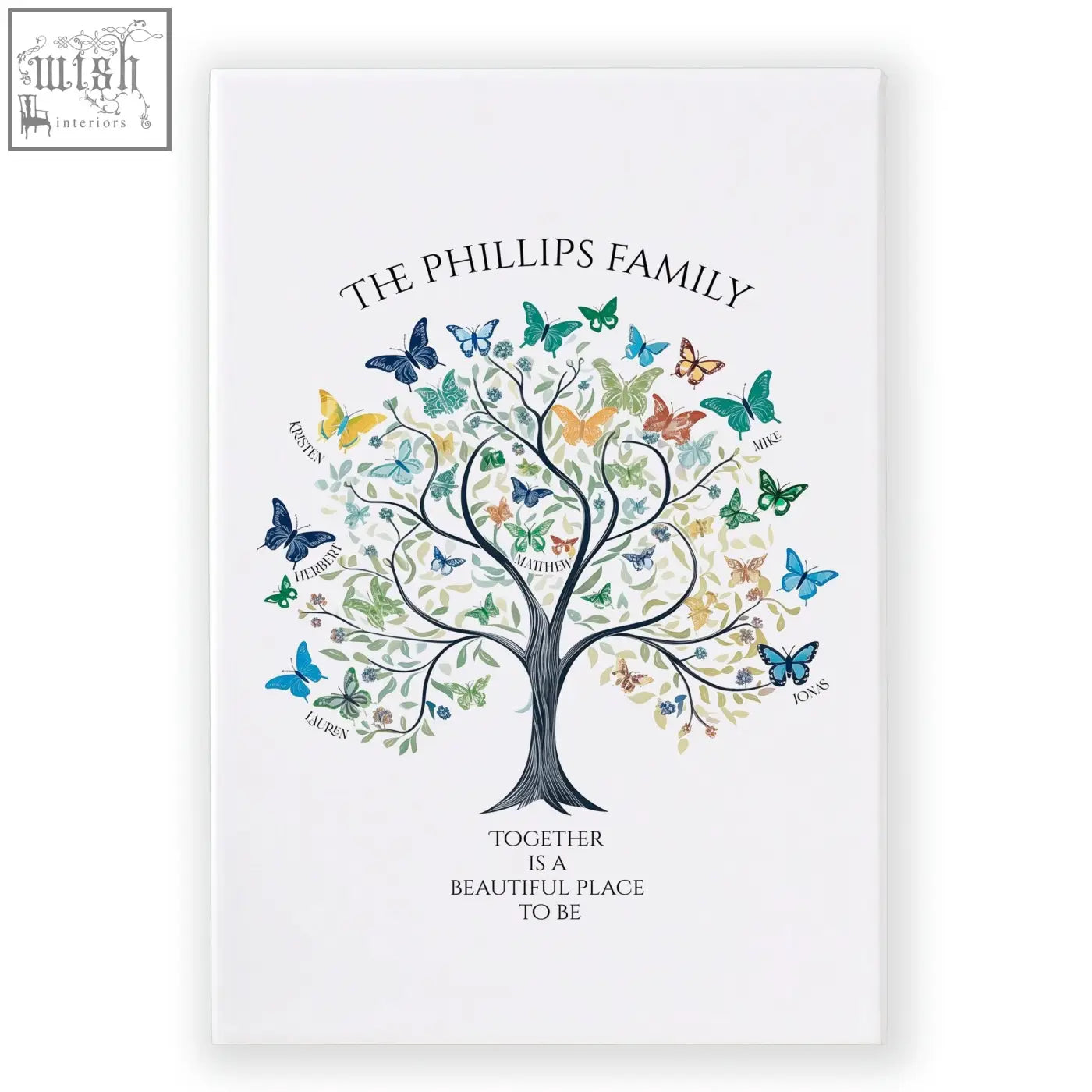 White canvas family tree art with black trunk, colorful butterflies, names, and phillips family text above and below