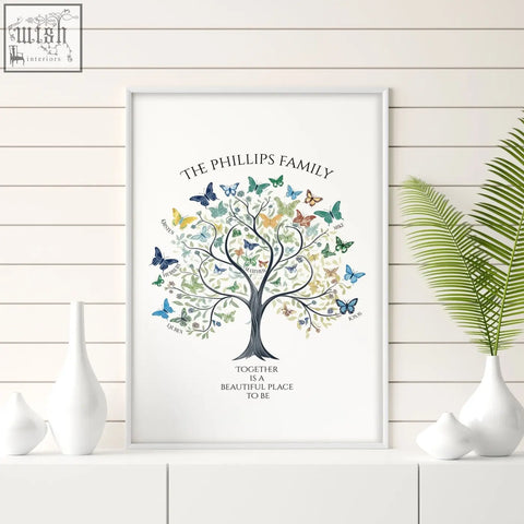 A framed family tree art print with a black tree, colorful butterflies, and names titled the phillips family wall art