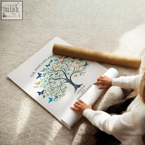 Colorful family tree art poster with butterflies and the phillips family text on white paper for wall decor
