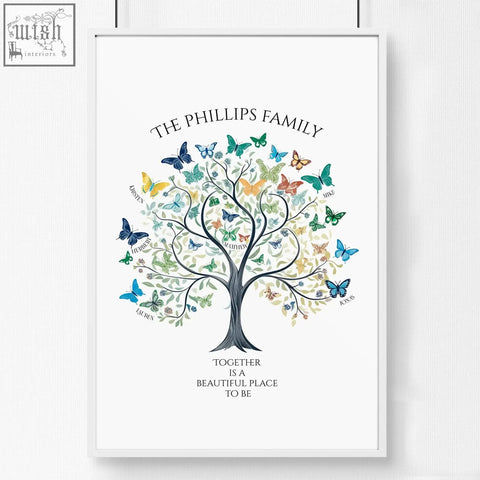 A framed family tree art print with a black tree, colorful butterflies, and names on a white background for wall decor