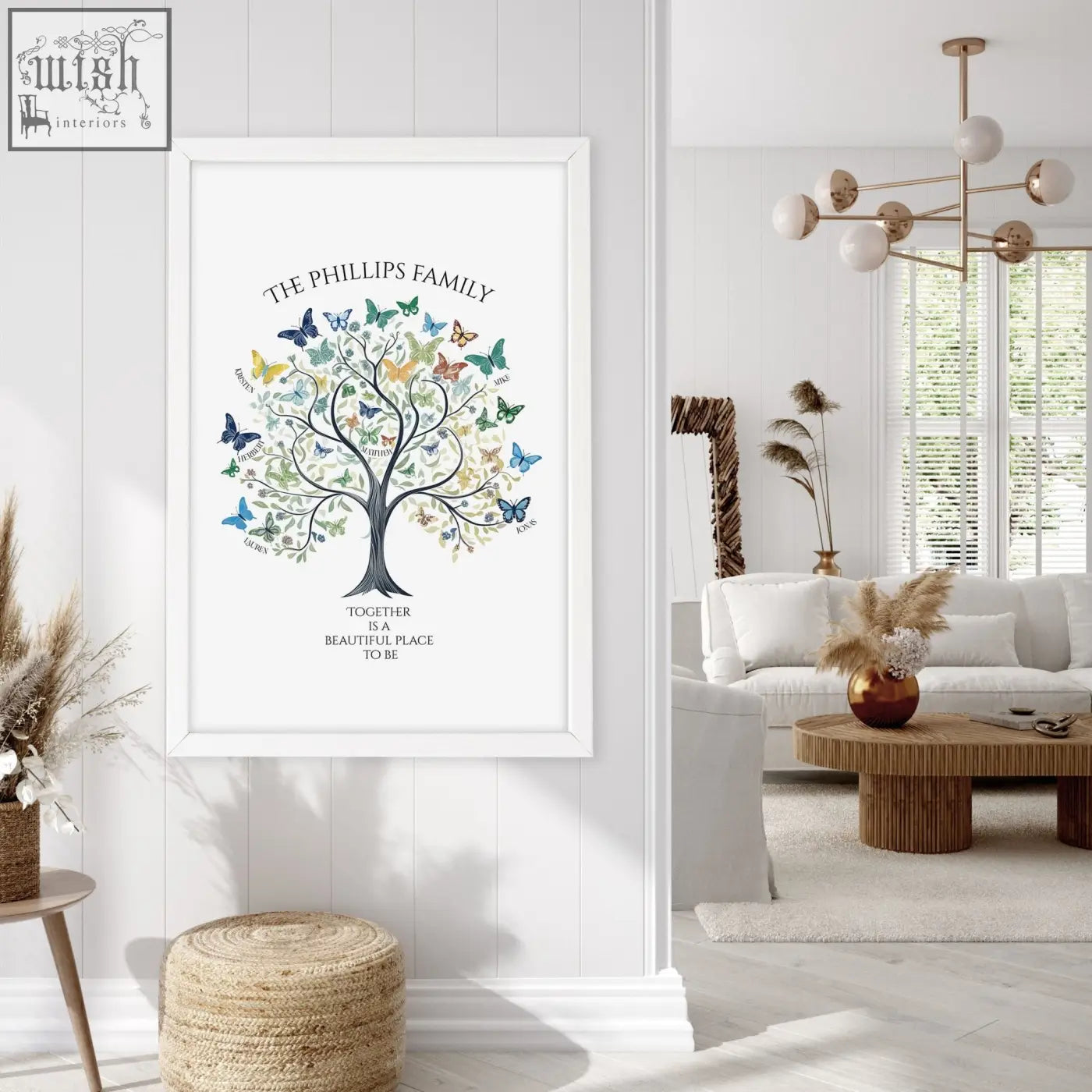 White framed family tree art print with black silhouette tree and colorful butterflies on white background for wall decor