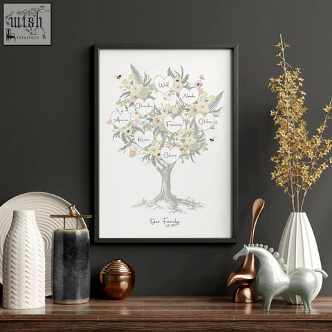 Black-framed family tree artwork print with delicate watercolor blossoms and heart-shaped name labels for personalized wall art
