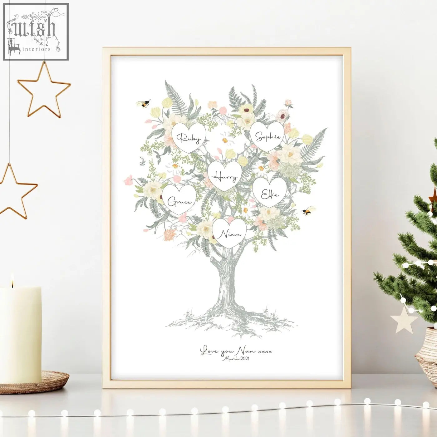 A delicate framed family tree artwork with pastel flowers and heart-shaped name labels for personalized wall art print