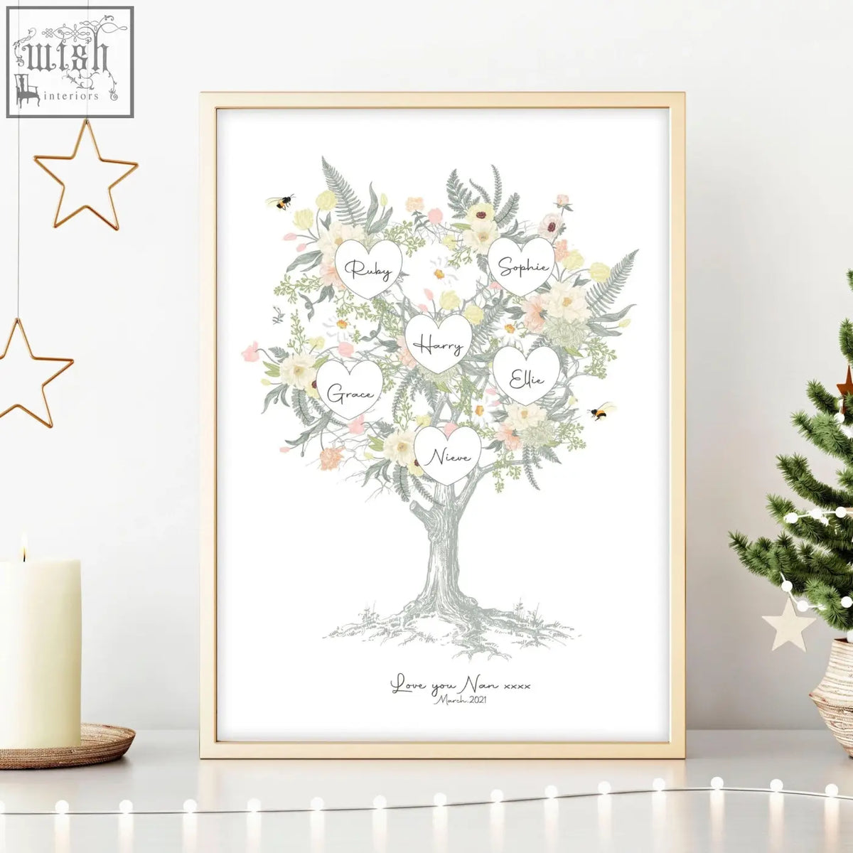 A delicate framed family tree artwork with pastel flowers and heart-shaped name labels for personalized wall art print