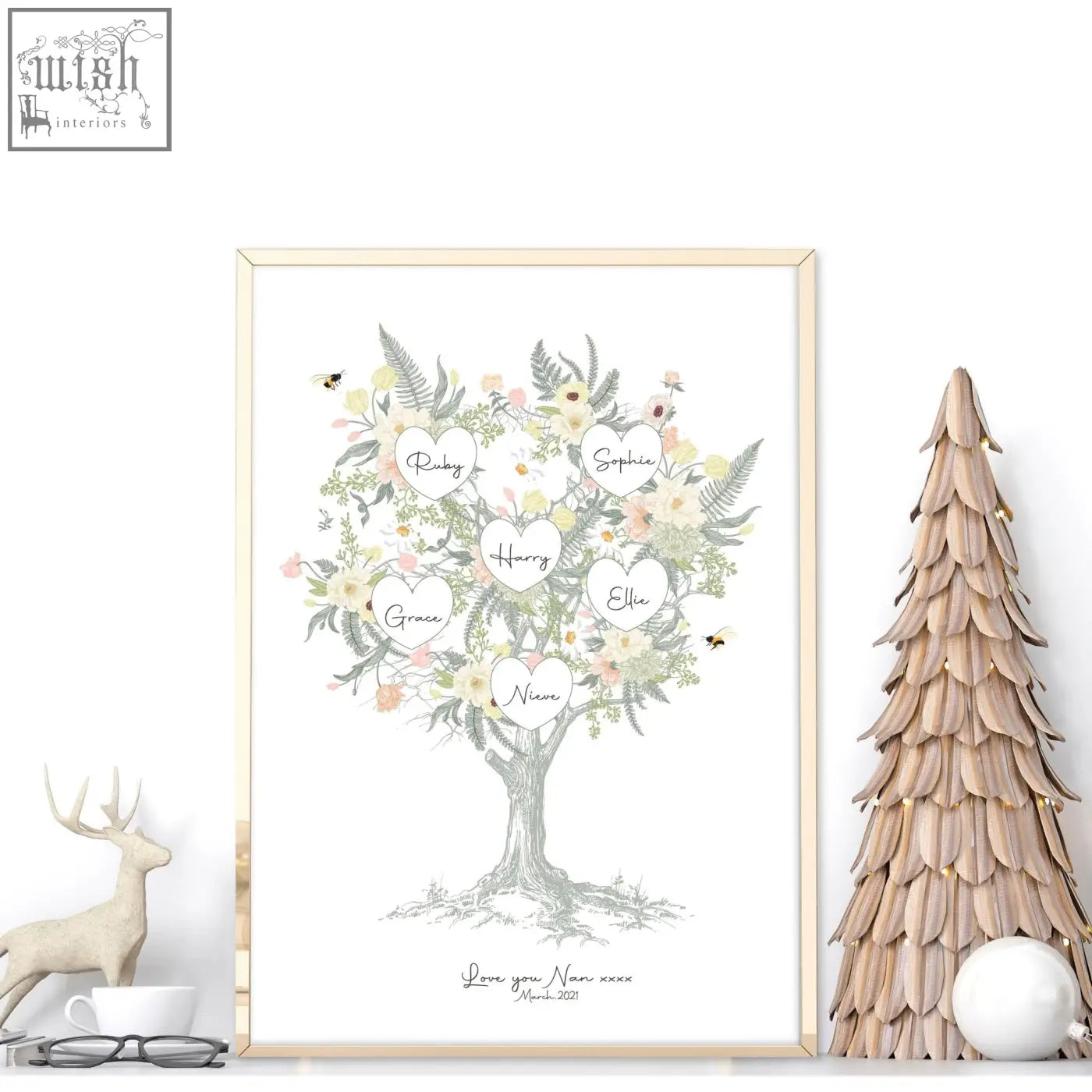 A framed family tree artwork print with heart-shaped name tags and delicate pastel watercolor flowers and greenery