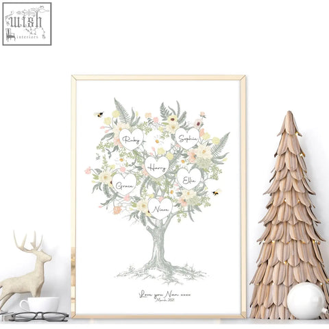 A framed family tree artwork print with heart-shaped name tags and delicate pastel watercolor flowers and greenery