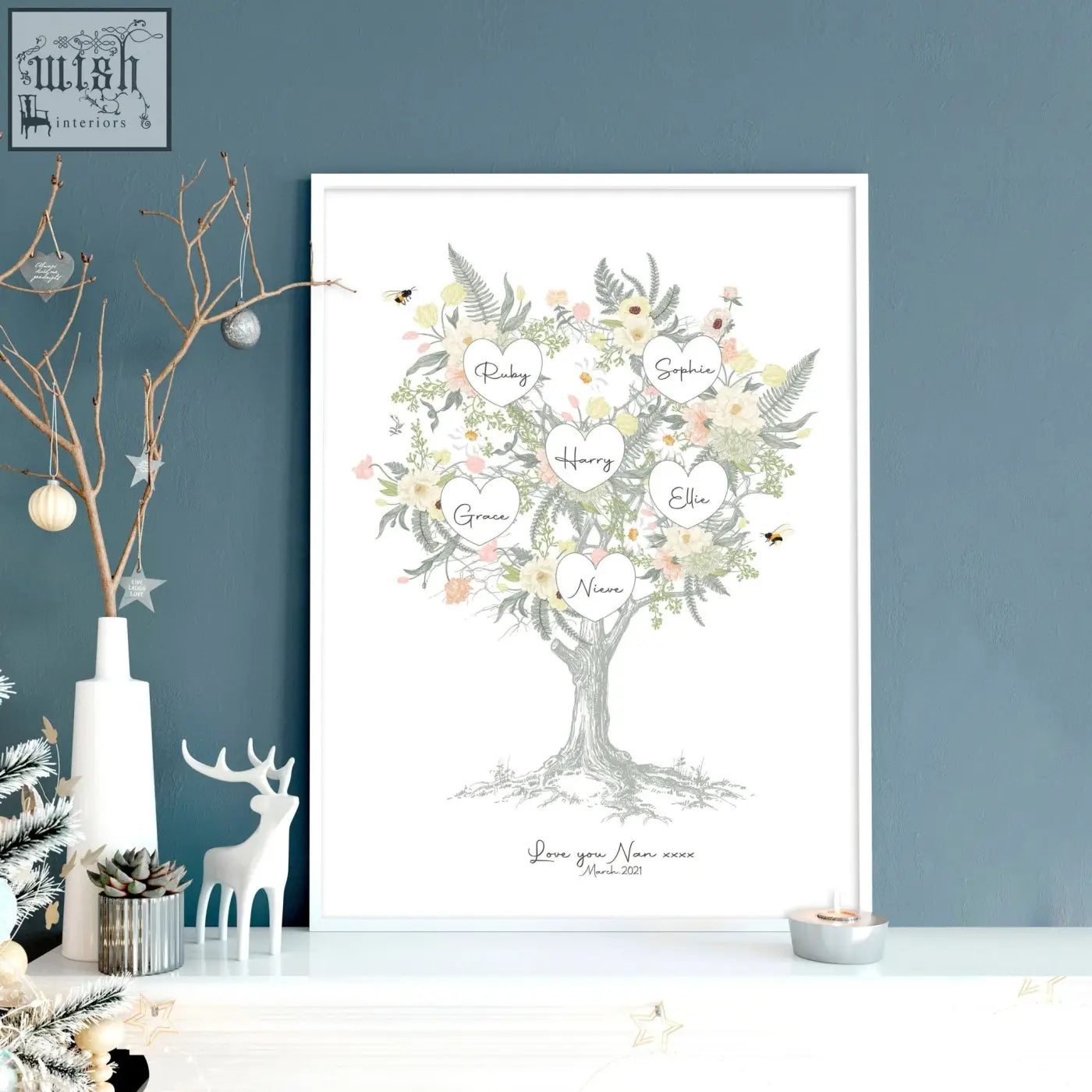 A framed family tree artwork print with delicate floral illustrations pastel heart name tags and personalized inscription