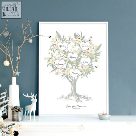 A framed family tree artwork print with delicate floral illustrations pastel heart name tags and personalized inscription