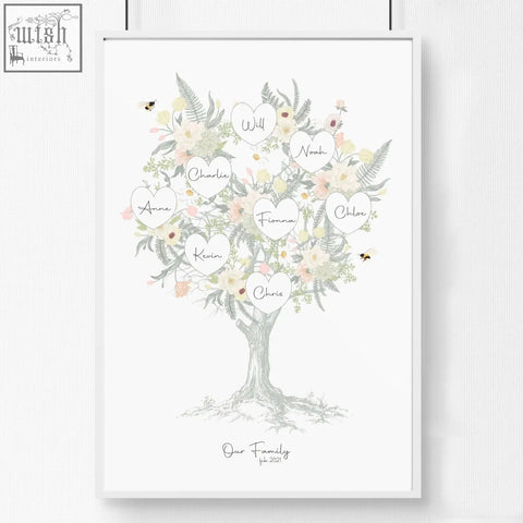 A framed family tree artwork print with delicate pastel blossoms and ferns featuring names in heart labels