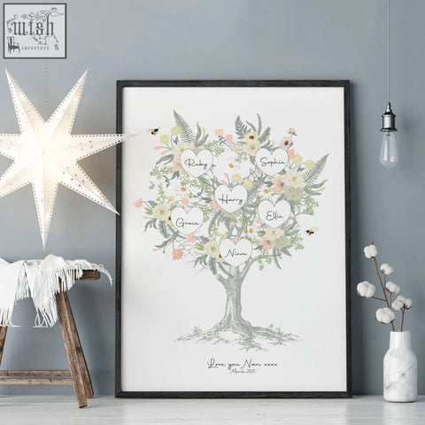 A framed family tree artwork print with delicate watercolor flowers featuring names in heart shapes on branches