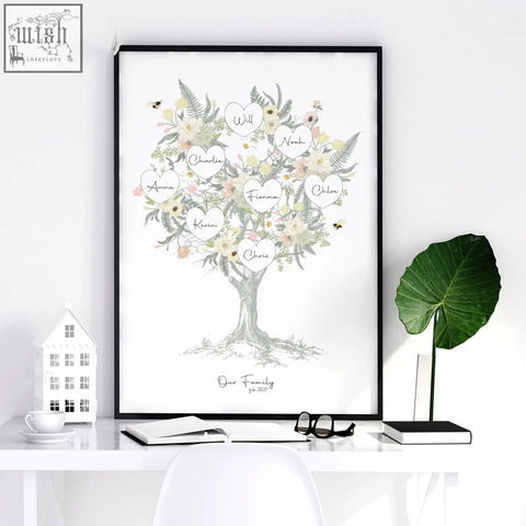 A personalized family tree artwork print with floral leafy branches and pastel heart name tags in a black frame