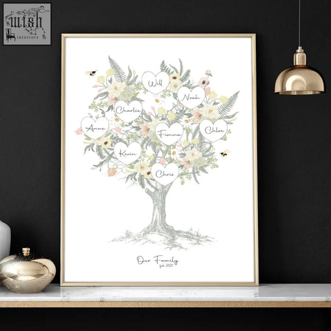 A framed family tree artwork with pastel heart name tags floral branches and subtle root sketch for wall decor