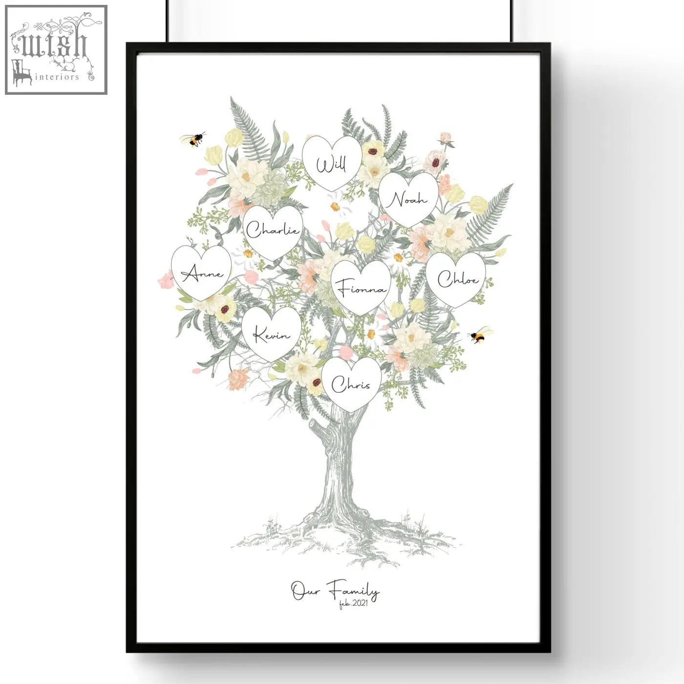 A framed family tree artwork print with delicate floral branches and heart-shaped name tags in soft pastel colors