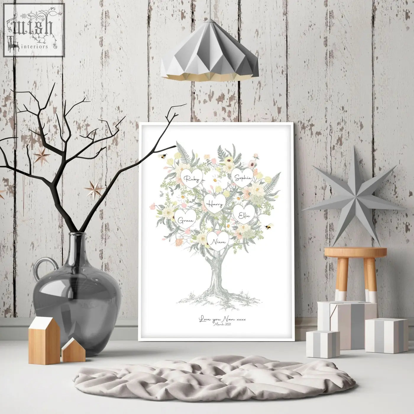 A framed family tree artwork print with pastel heart names and delicate watercolor flowers on white background