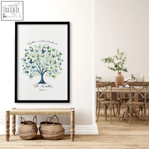 Black-framed family tree print with watercolor tree and blue green butterflies personalized with the walkers march 18