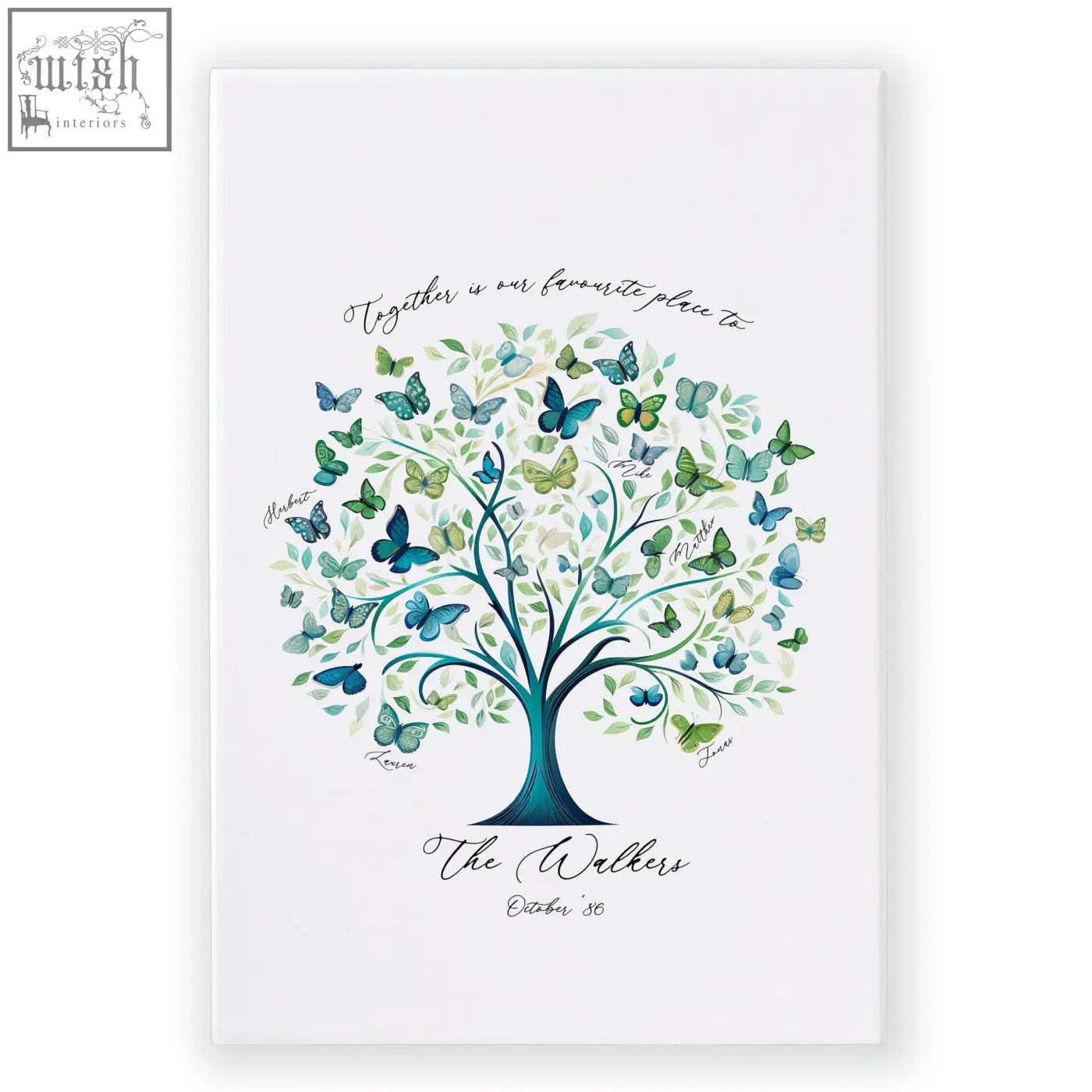 A personalized family tree print canvas featuring a stylized tree with teal and green leaves and blue butterflies