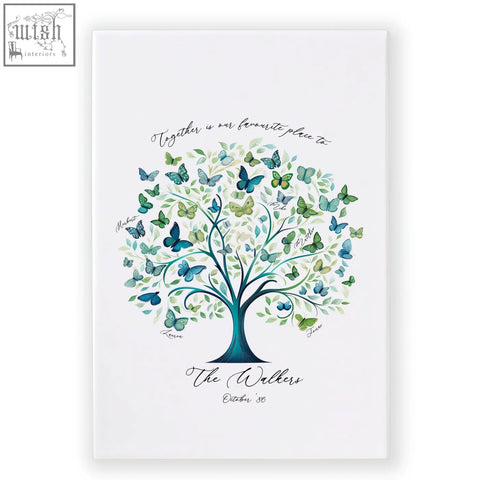 A personalized family tree print canvas featuring a stylized tree with teal and green leaves and blue butterflies