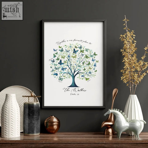 A framed family tree print with blue and green butterflies personalized with the walkers and date below