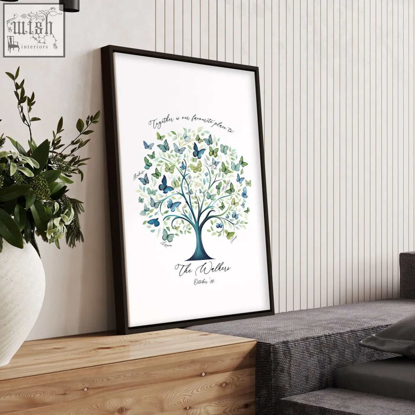 Framed family tree print with blue green stylized tree and butterflies personalized for the walkers october 30 date