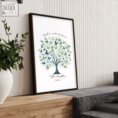 Framed family tree print with blue green stylized tree and butterflies personalized for the walkers october 30 date