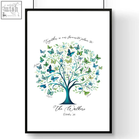 A framed teal and green family tree print with butterflies personalized with names and october 30 for wall art decor