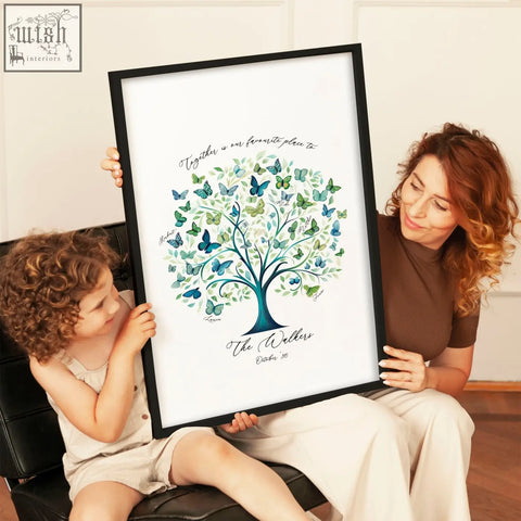 A family tree print featuring blue and green butterfly design personalized with names in a black frame