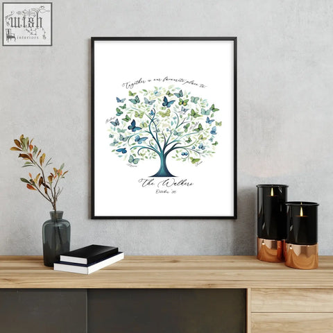 A family tree print featuring blue and green butterfly leaves personalized with the walkers in a black frame